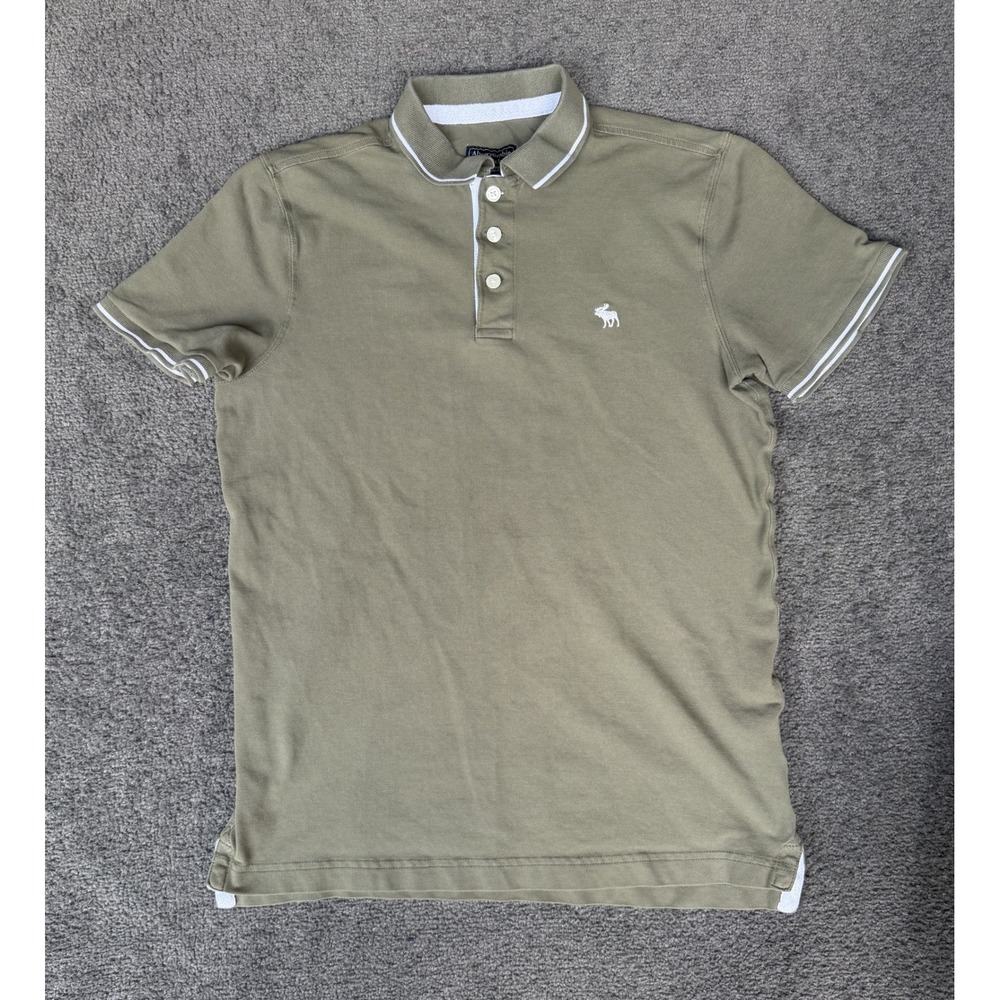 Abercrombie & Fitch Mens Large Olive Green Tipped Pique Polo Shirt Moose Logo